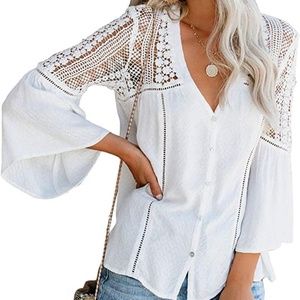 Lace Bell Sleeve Button Down Top